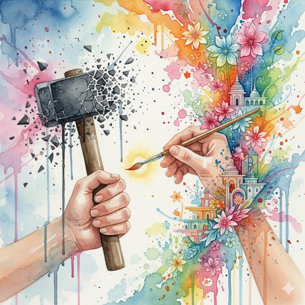 Hände, die einen zerstörerischen Hammer gegen einen kreativen Pinsel tauschen, als Symbol für die Kanalisierung von Adrenalin-Sucht in schöpferische Energie.