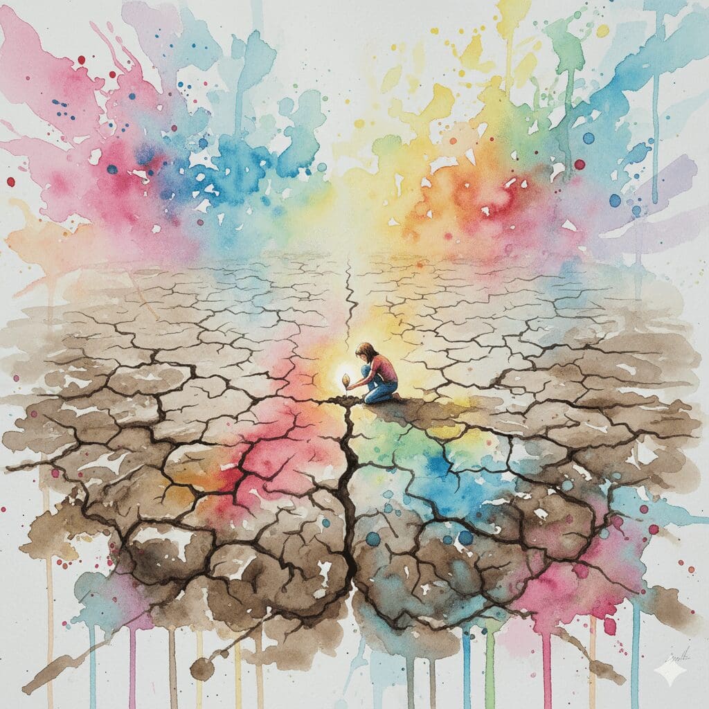 Eine Person pflanzt einen leuchtenden Samen in ein trockenes Feld, als Symbol für die mühsame, aber hoffnungsvolle Arbeit, neue neuronale Belohnungspfade im Gehirn aufzubauen.