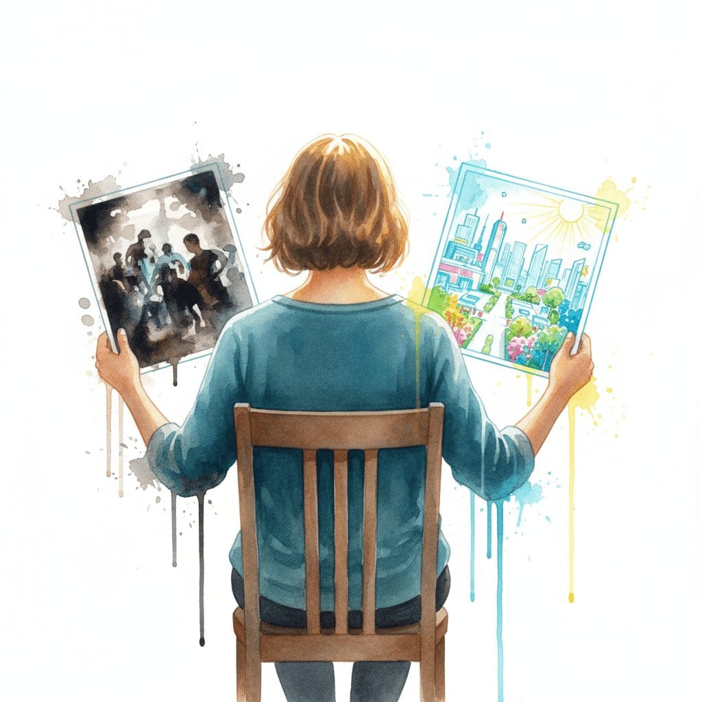 Eine Person hält einen leuchtenden Bauplan für ihre Zukunft, während sie ihre chaotische Vergangenheit hinter sich lässt. Symbol für die aktive Neugestaltung des Lebens in der Recovery.