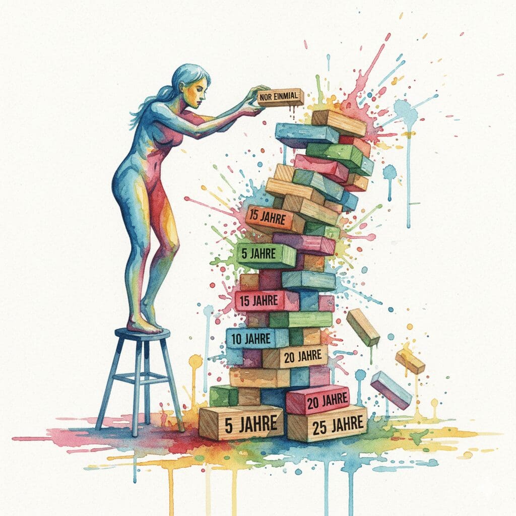 Ein hoher Turm aus Clean-Jahren, der durch einen einzigen, achtlos aufgesetzten "Nur einmal"-Klotz zum Einsturz gebracht wird. Symbol für die Gefahr der Selbstzufriedenheit in der Langzeit-Recovery.