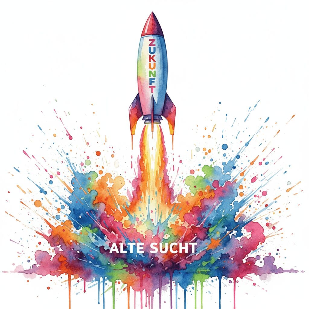 Eine Rakete, die von der umgewandelten Energie der Sucht angetrieben wird, als Symbol für die positive Kanalisierung alter Muster in der Recovery.