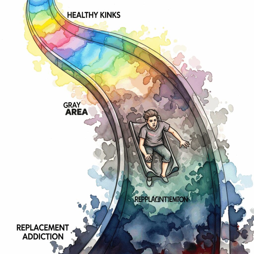 Watercolor-Illustration einer Rutschbahn die von hellen fröhlichen Farben zu dunklen bedrohlichen Bereichen führt, zeigt Übergang von gesunden Kinks zu gefährlicher Ersatzsucht