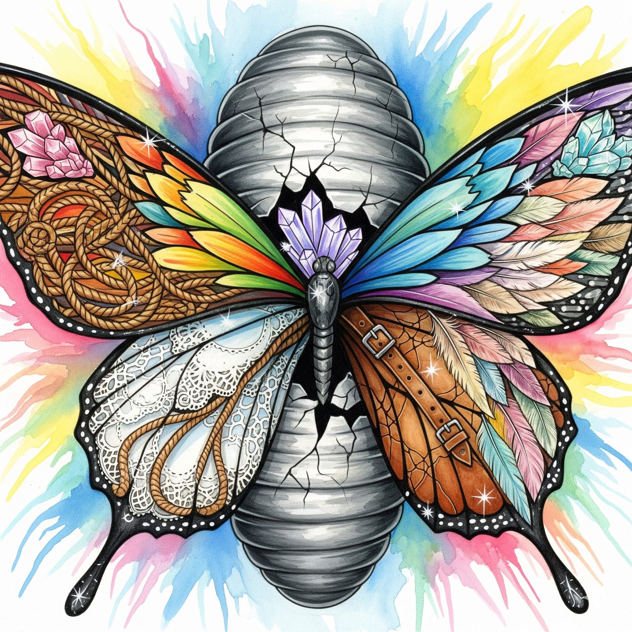 Watercolor-Darstellung eines Schmetterlings der aus grauem Kokon schlüpft, Flügel zeigen verschiedene Kink-Texturen und -Muster, symbolisiert authentische sexuelle Expression in Recovery