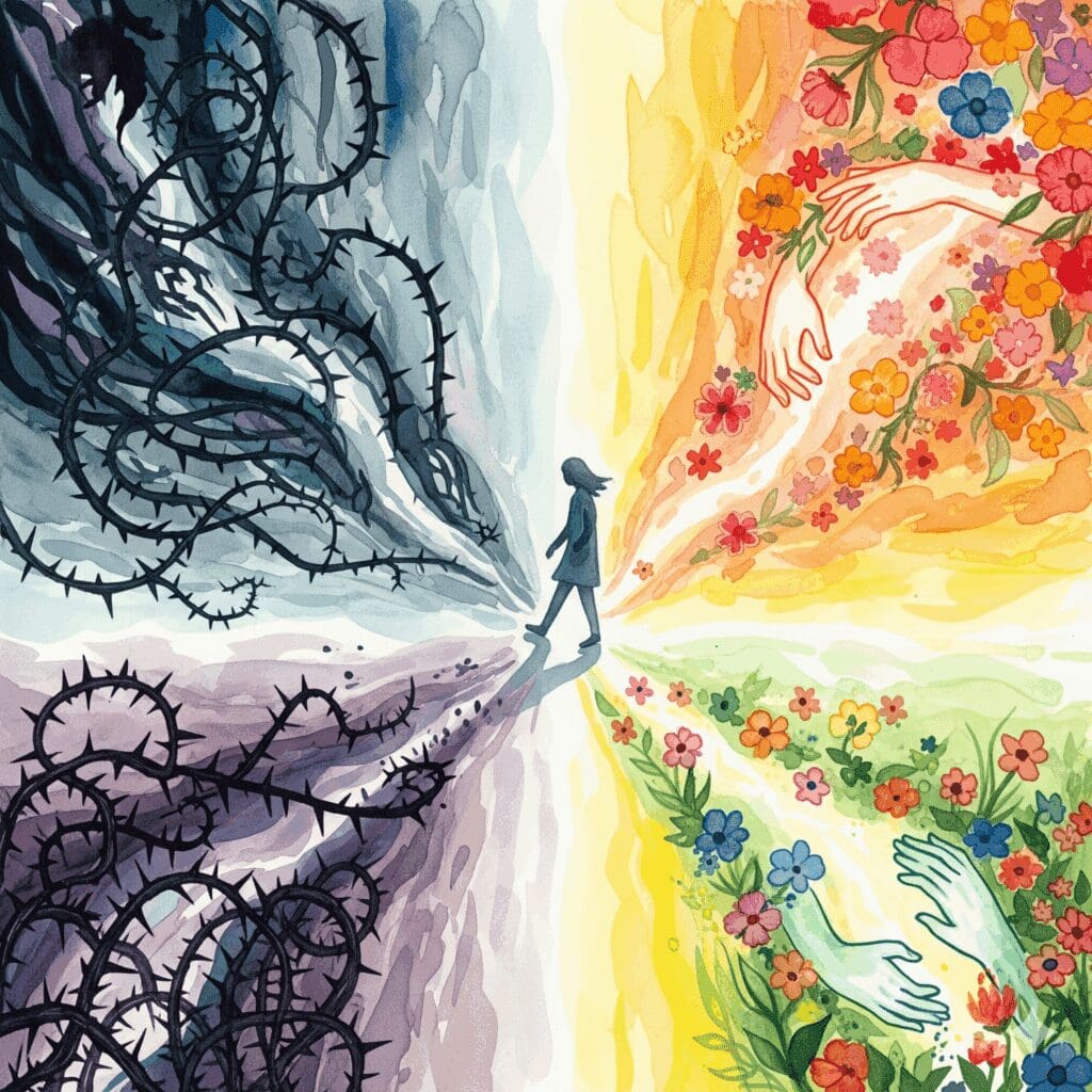 Zwei Pfade - dunkler zerstörerischer mit Dornen und leuchtender heilender mit Blumen und Selbstumarmung, Person wählt Heilungsweg