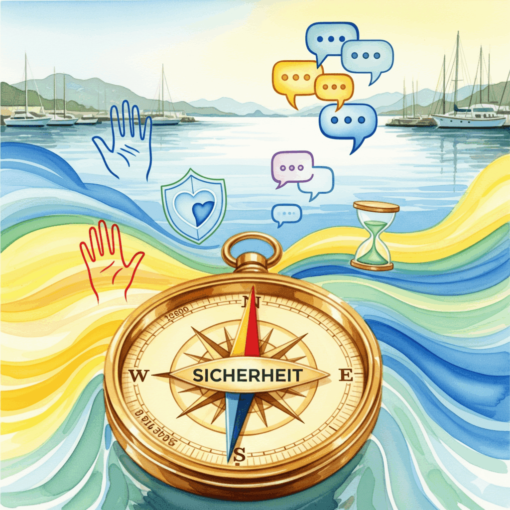 Goldener Kompass zeigt auf "Sicherheit", umgeben von Konsens-Händen, Herz mit Schutzschild, Sanduhr und Sprechblasen vor sicherem Hafen