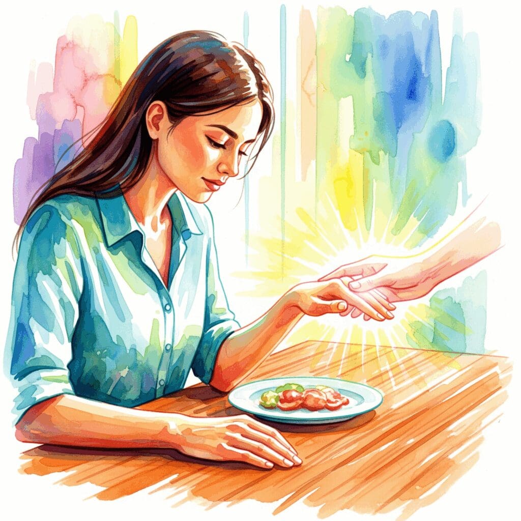 Eine Frau, die lernt, in Frieden mit dem Essen zu sein, während eine Hand des Selbstmitgefühls sie stützt. Symbol für die Heilung von einer Essstörung.