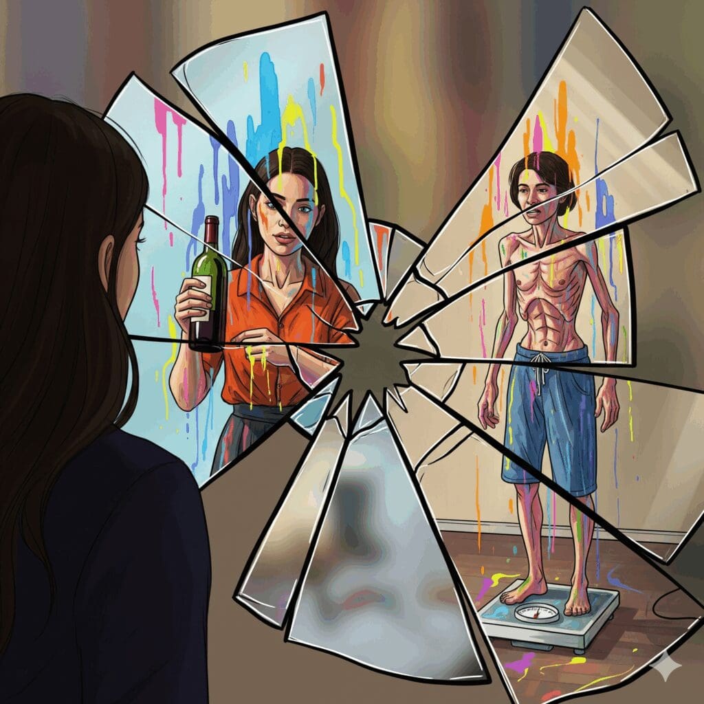 Eine Frau, deren zerbrochenes Spiegelbild sowohl eine trinkende als auch eine magersüchtige Version von ihr zeigt, als Symbol für die fragmentierte Identität bei einer Doppeldiagnose aus Sucht und Essstörung.
