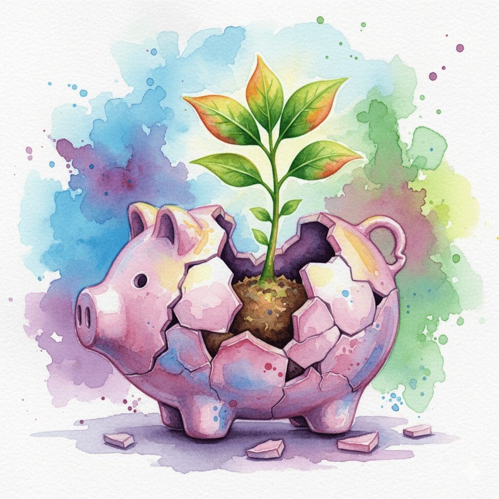 Eine kleine Pflanze wächst aus einem zerbrochenen Sparschwein, als Symbol für den langsamen, aber hoffnungsvollen finanziellen Neuanfang nach der Sucht.