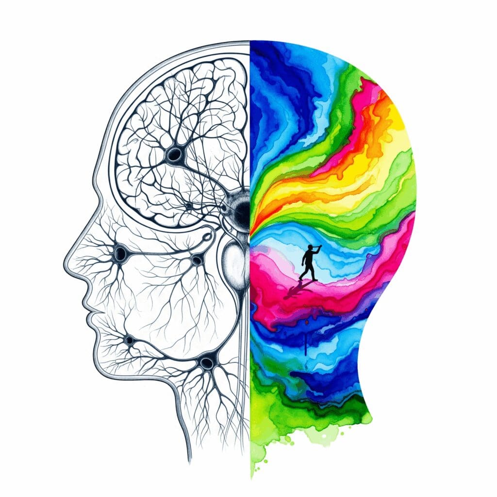 Ein Gehirn, das zur Hälfte wissenschaftlich und zur Hälfte als suchende Landschaft dargestellt ist, als Symbol für die biologische und psychologische Dimension der Sucht.