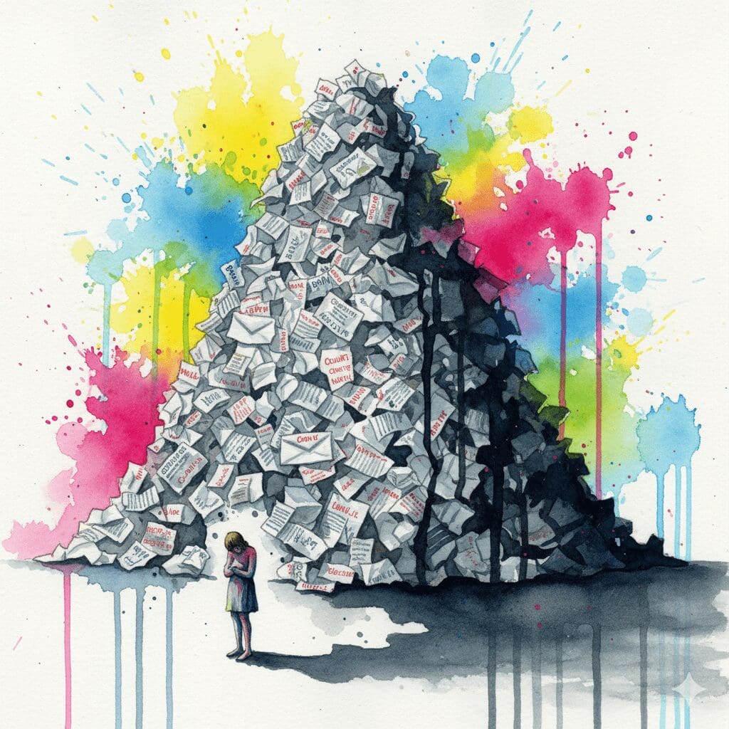 Eine Person vor einem riesigen Berg aus Rechnungen und Mahnungen, als Symbol für die finanzielle Last und die Überschuldung durch eine Suchterkrankung.