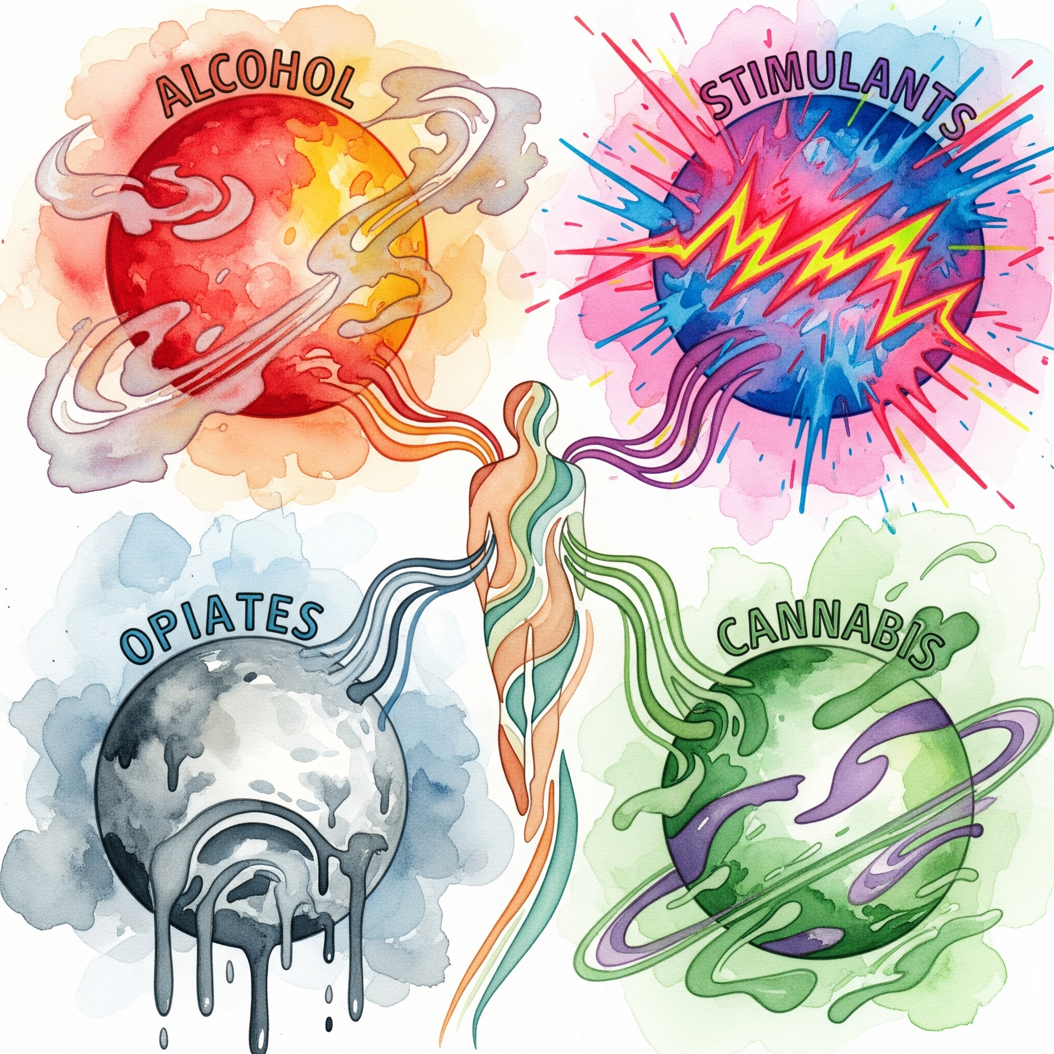 Sucht Sexualität Spektrum verschiedene Drogen Auswirkungen vier Planeten Alkohol Stimulanzien Opiate Cannabis Watercolor