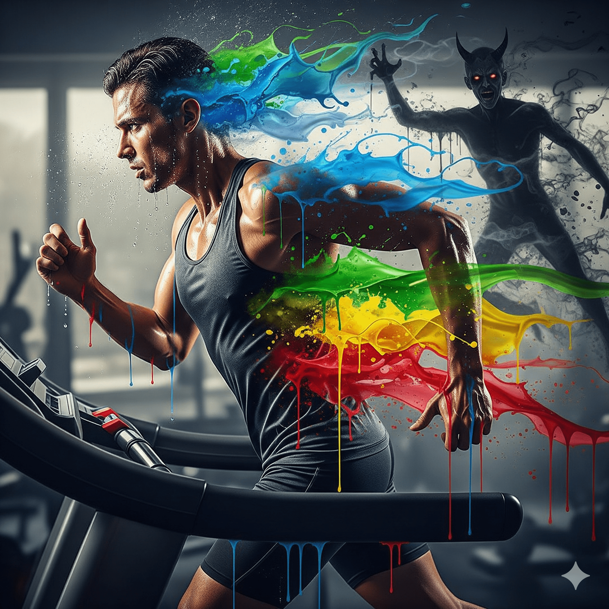 Ein Mensch kämpft im Fitnessstudio auf dem Laufband gegen den Suchtdruck, symbolisiert als dunkler Schatten, der sich auflöst. Gemalt in expressiven Watercolor-Farben.