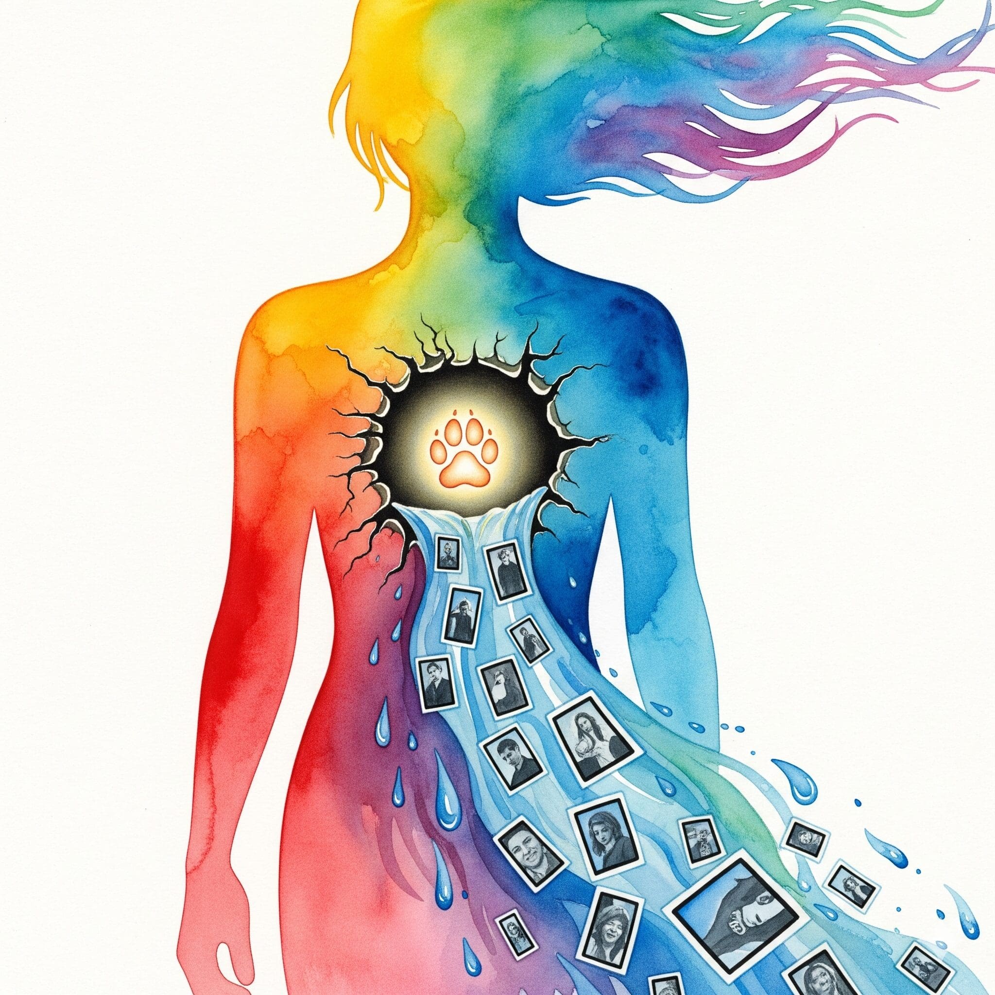 Symbolische Darstellung von unverarbeiteter Trauer als offene Wunde in der Brust, aus der Erinnerungen fließen, gemalt in tropfenden Wasserfarben.