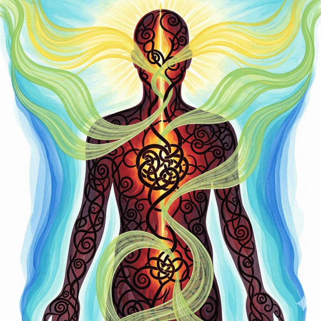 Transparente menschliche Silhouette mit dunklen Trauma-Knoten im Körper, umgeben von heilenden Goldstrahlen und grünen Energieströmen in Watercolor