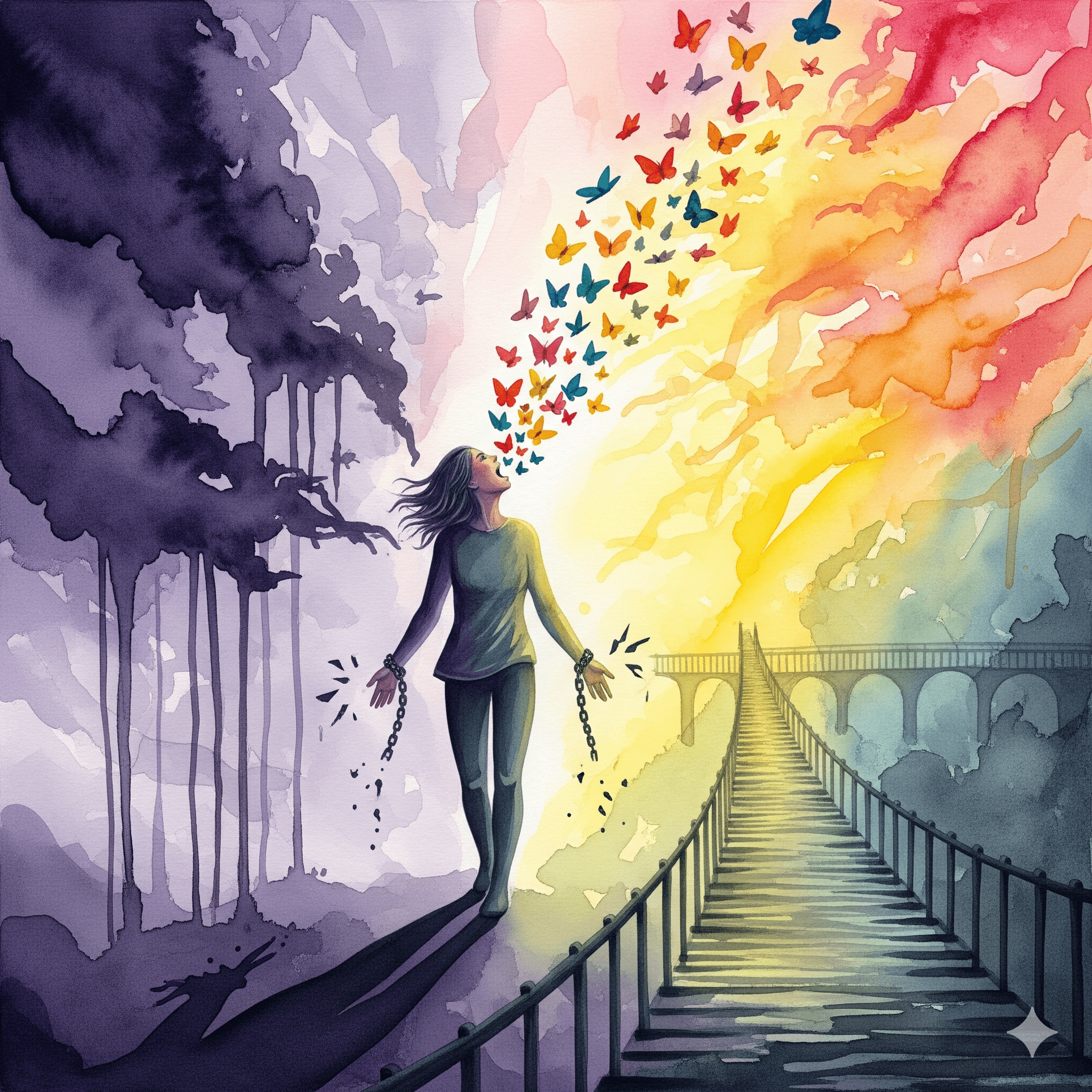 Person bricht aus dunklem Schatten ins Licht, zerbrochene Ketten fallen, Schmetterlinge fliegen aus dem Mund - Trauma-Schweigen brechen in bunten Watercolor-Farben