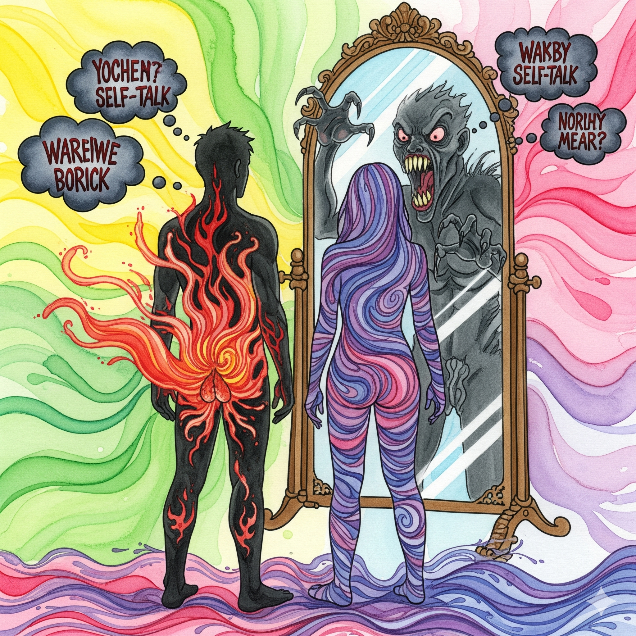 Unsichtbare Performance Angst Männer Frauen Recovery Sex Silhouetten Angst-Spiralen Spiegel verzerrte Versionen