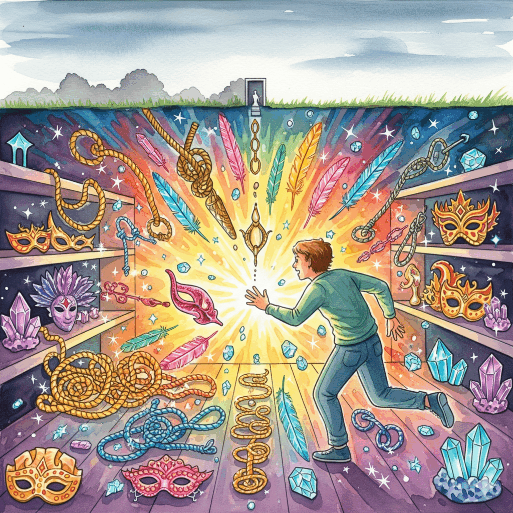 Person entdeckt versteckte bunte Schatzkammer mit BDSM-Objekten unter grauer gesellschaftlicher Normalität