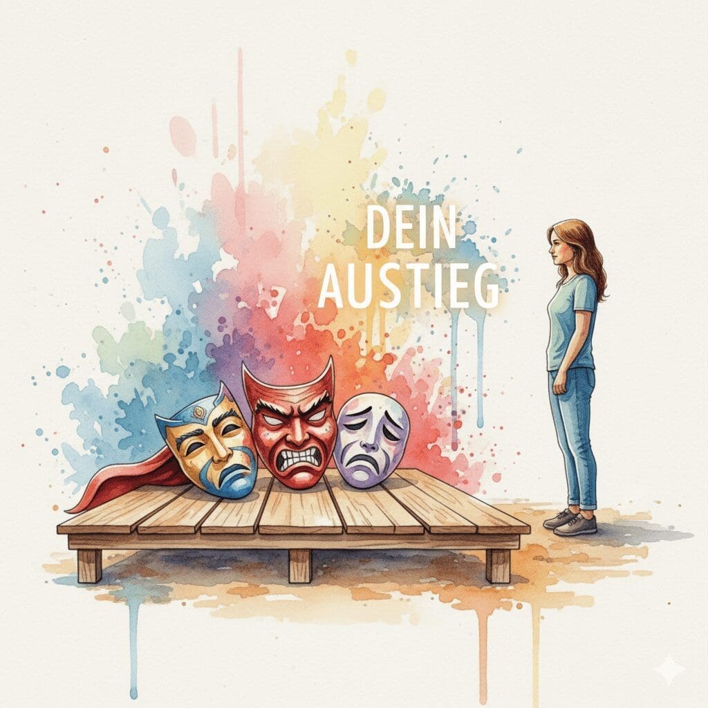 Eine Bühne mit den drei Masken des Drama-Dreiecks (Retter, Verfolger, Opfer), als Symbol für die ungesunden Rollen in einer co-abhängigen Beziehung.