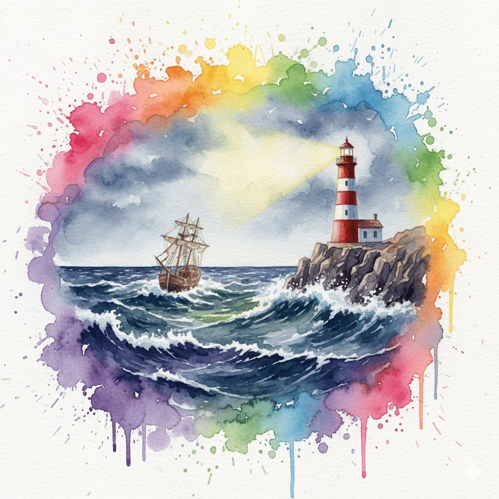 Ein starker Leuchtturm, der einem Schiff im Sturm den Weg weist, als Symbol für die gesunde Rolle eines Angehörigen in der Sucht-Recovery.