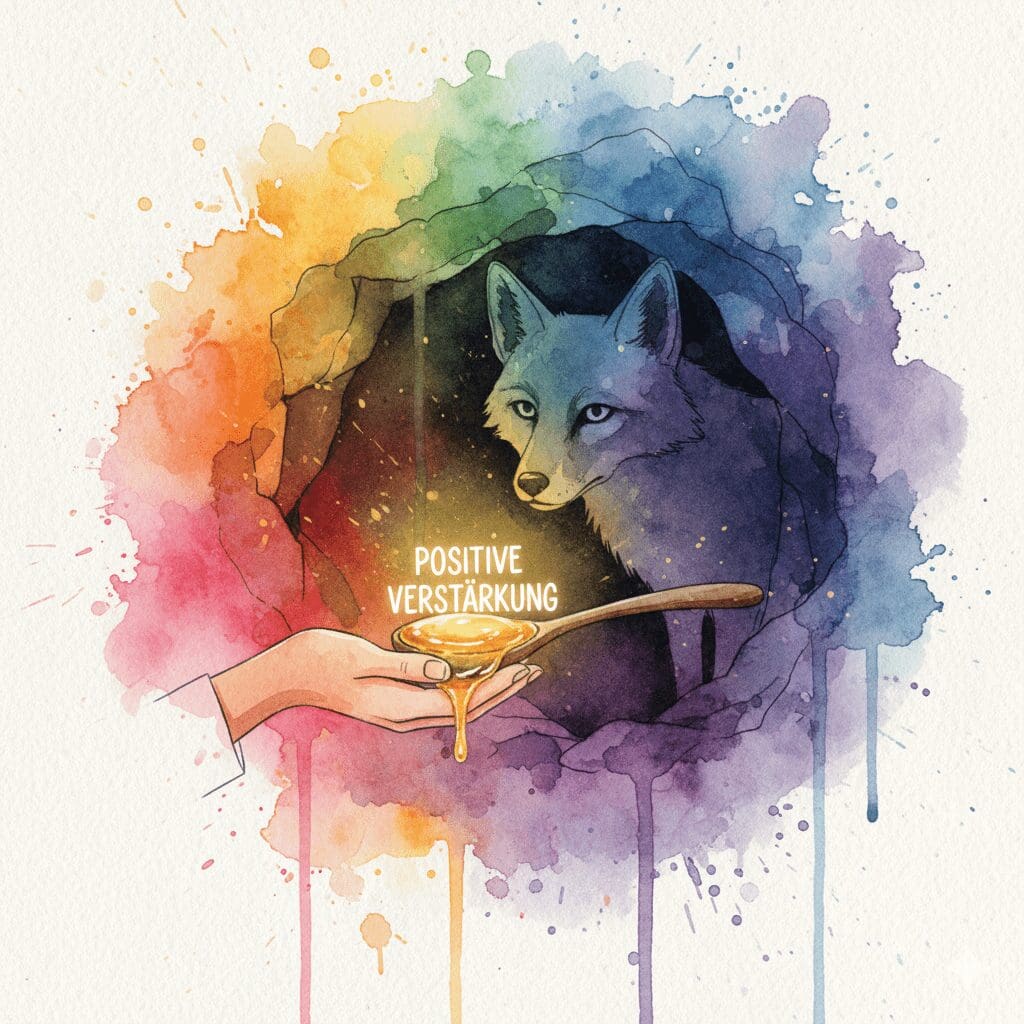 Eine Person lockt ein Tier mit Honig statt mit einer Peitsche, als Symbol für die positive Verstärkung der CRAFT-Methode für Angehörige.