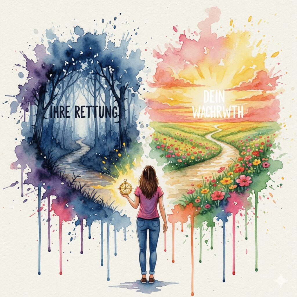 Eine Person wählt den Weg des eigenen Wachstums statt den der Rettung des anderen. Symbol für die Entscheidung für den eigenen Seelenplan.