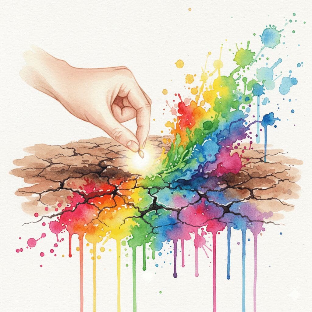 Eine Hand pflanzt einen leuchtenden Samen in trockene Erde. Symbol dafür, wie ein einziges positives Wort Veränderung bewirken kann.