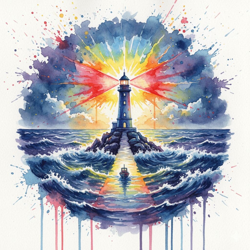 Ein starker Leuchtturm, der inmitten eines Sturms hell leuchtet. Symbol für den Angehörigen, der durch innere Stärke und Klarheit Orientierung gibt.