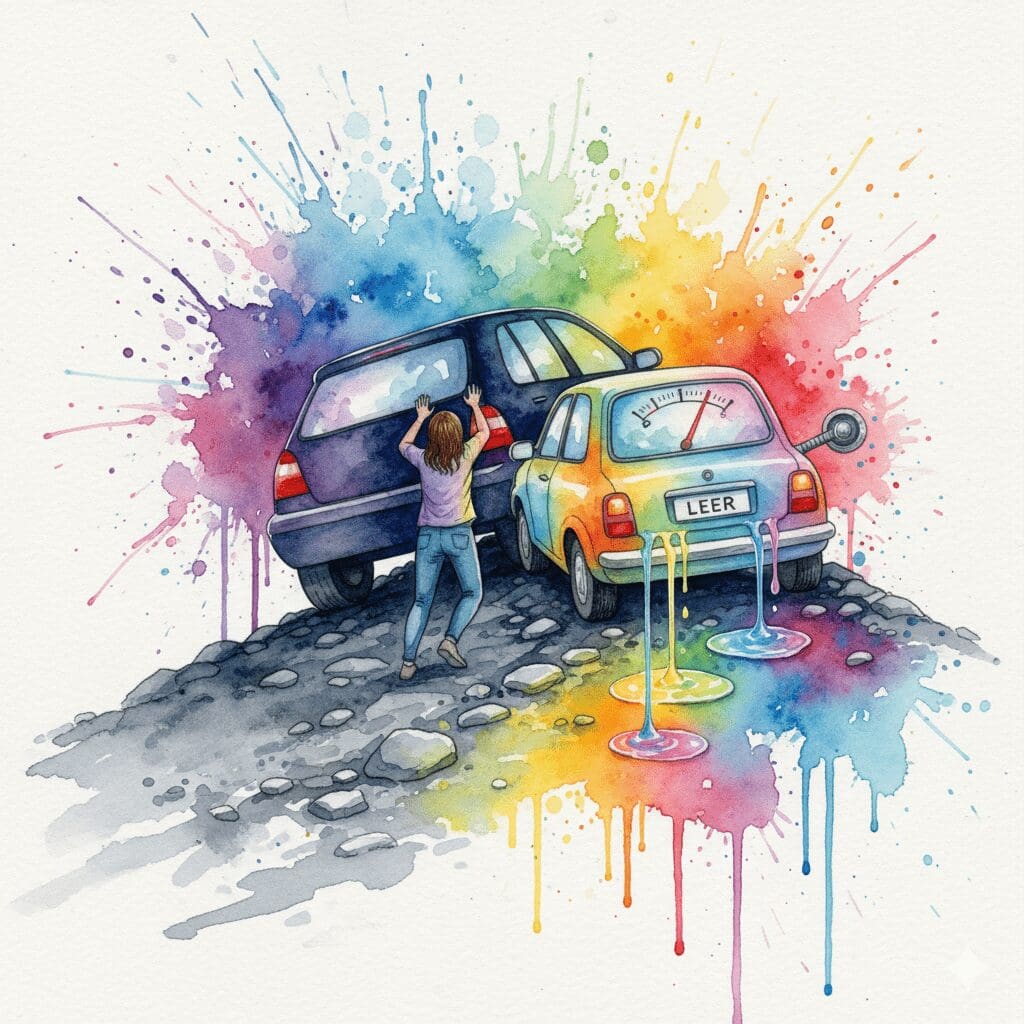 Eine Person schiebt ein fremdes Auto, während ihr eigenes mit leerem Tank zurückbleibt. Symbol für die erschöpfte Energie von Angehörigen.