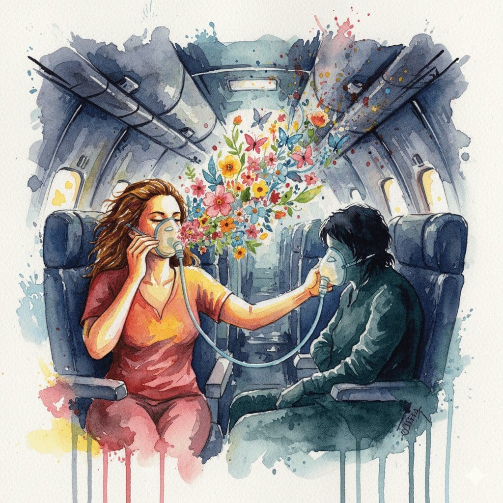 Eine Person, die sich im Chaos zuerst selbst eine Sauerstoffmaske aufsetzt, bevor sie anderen hilft. Symbol für die radikale Selbstfürsorge von Angehörigen.