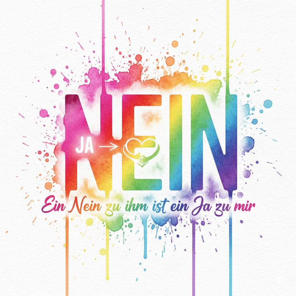 Ein großes Wort "Nein", das im Inneren ein "Ja" zu sich selbst enthält, als Symbol für die positive Umdeutung des Grenzen-Setzens.