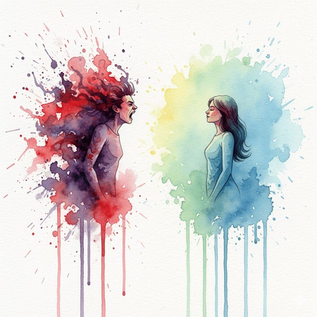 Eine ruhige, schweigende Person, die einem schreienden Gegenüber standhält. Symbol für die Stärke von strategischem Schweigen in Konflikten.