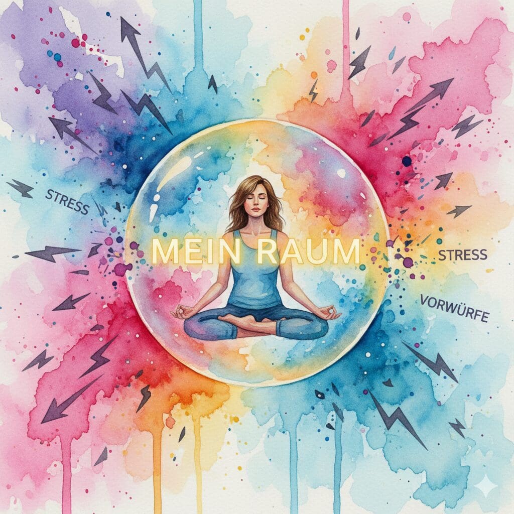 Eine Person in einer schützenden Energieblase, an der Stress von außen abprallt. Symbol für Abgrenzung und Selbstschutz für Angehörige.