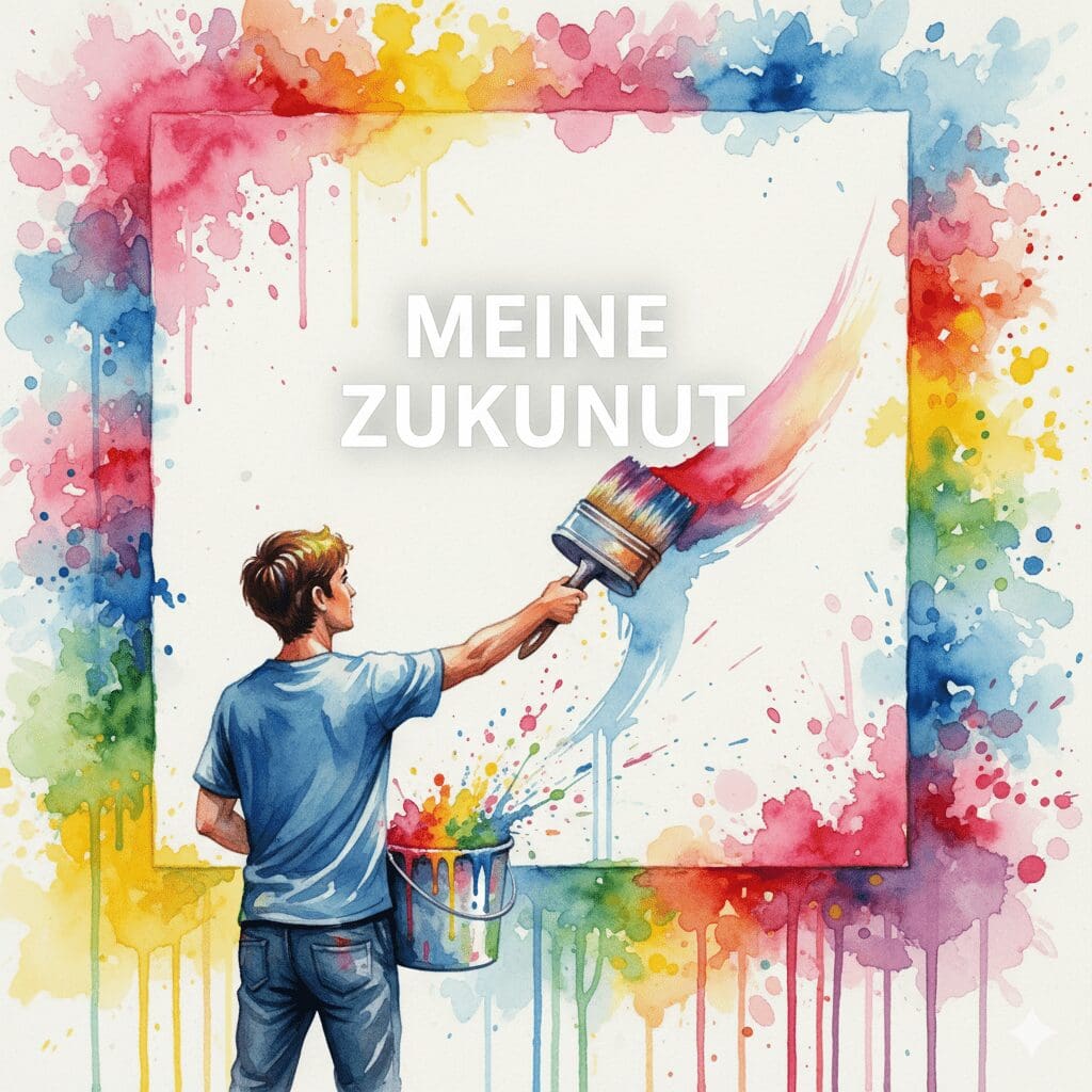 Eine Person, die beginnt, ihre eigene Zukunft auf eine leere Leinwand zu malen. Symbol für die Selbstermächtigung und Neugestaltung des eigenen Lebens.