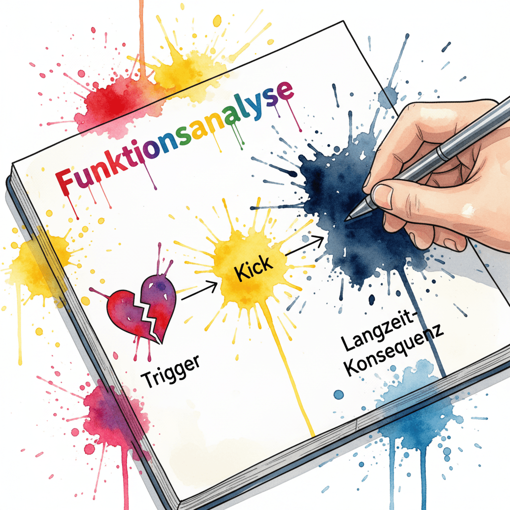 Eine Nahaufnahme im Watercolor-Stil, die eine Funktionsanalyse der Sucht zeigt: Trigger, Verhalten, kurzfristiger Kick (Belohnung) und langfristige Konsequenz (Preis).