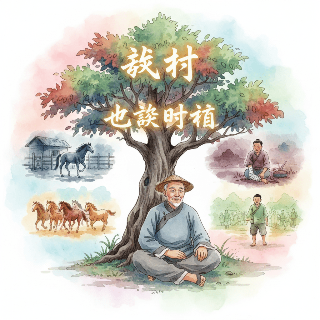 Eine Watercolor-Zeichnung des weisen chinesischen Bauern, der Glück und Pech mit "Mag sein" akzeptiert – Symbol für Urvertrauen.