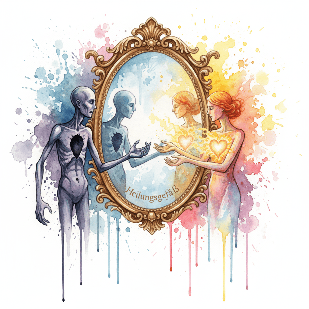 Ein Watercolor-Vergleich: Der "Bettler" (Mangel/Ego) fordert Liebe, der "Liebende" (Fülle/Seele) gibt Liebe aus sich selbst heraus.