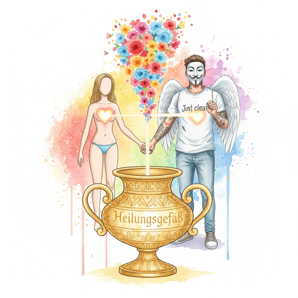 Die NeelixberliN-Figur und ihr Partner (Watercolor) sind liebevoll verbunden in einem goldenen Heilungsgefäß, aus dem Blumen wachsen.