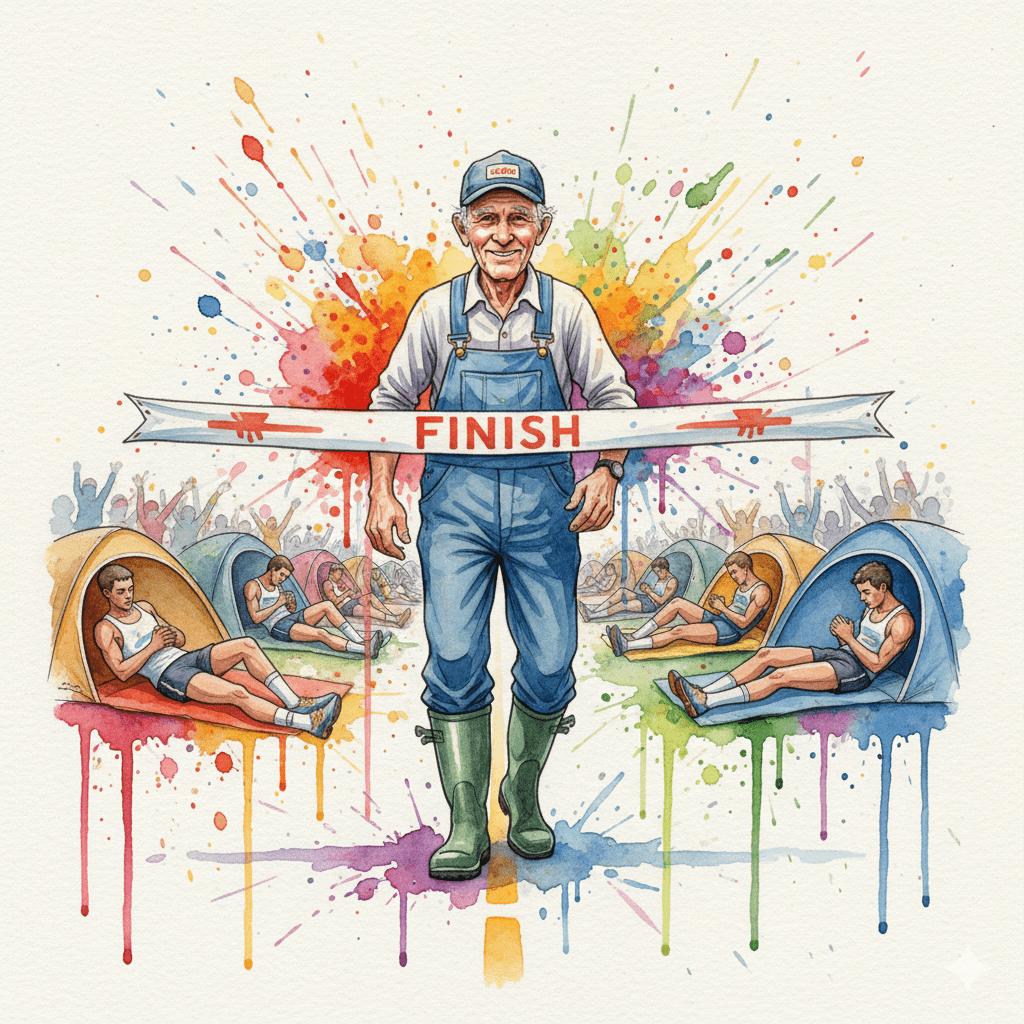 Eine Watercolor-Zeichnung von Cliff Young, dem Bauern, der den Ultramarathon gewinnt, weil er "nicht wusste, dass man schlafen soll" – Symbol für das Brechen limitierender Glaubenssätze.