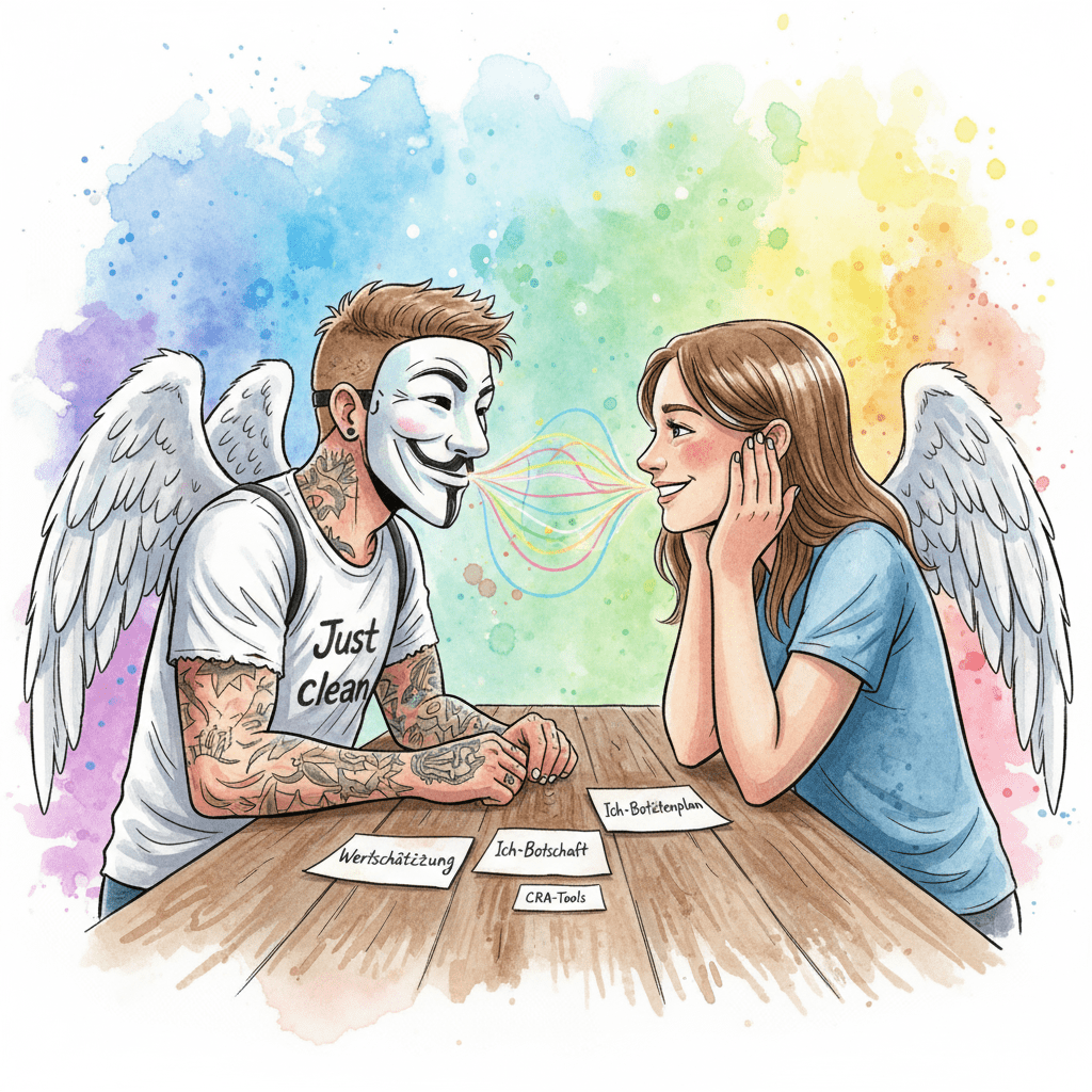 Ein Paar (mit NeelixberliN-Figur, Watercolor) nutzt CRA-Beziehungswerkzeuge (Kommunikation, Planung), um ihre Verbindung zu stärken.