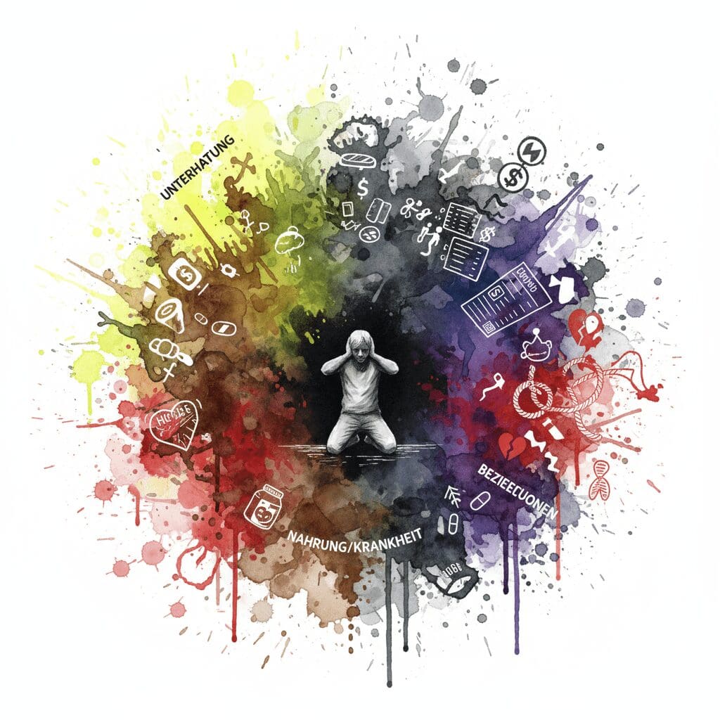 Ein Mensch, der in einem bunten Watercolor-Strudel kniet, der die '5 Fallen des Konsums' repräsentiert und die innere Leere der Sucht symbolisiert.