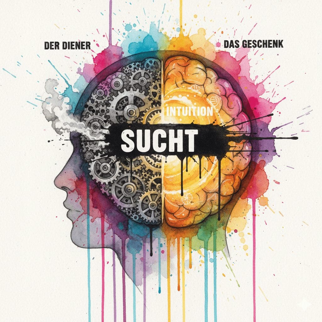 Eine Watercolor-Zeichnung eines Gehirns, geteilt in den lauten "Diener" (Ego/Sucht) und das leuchtende "Geschenk" (Seele/Intuition), getrennt durch eine Blockade.