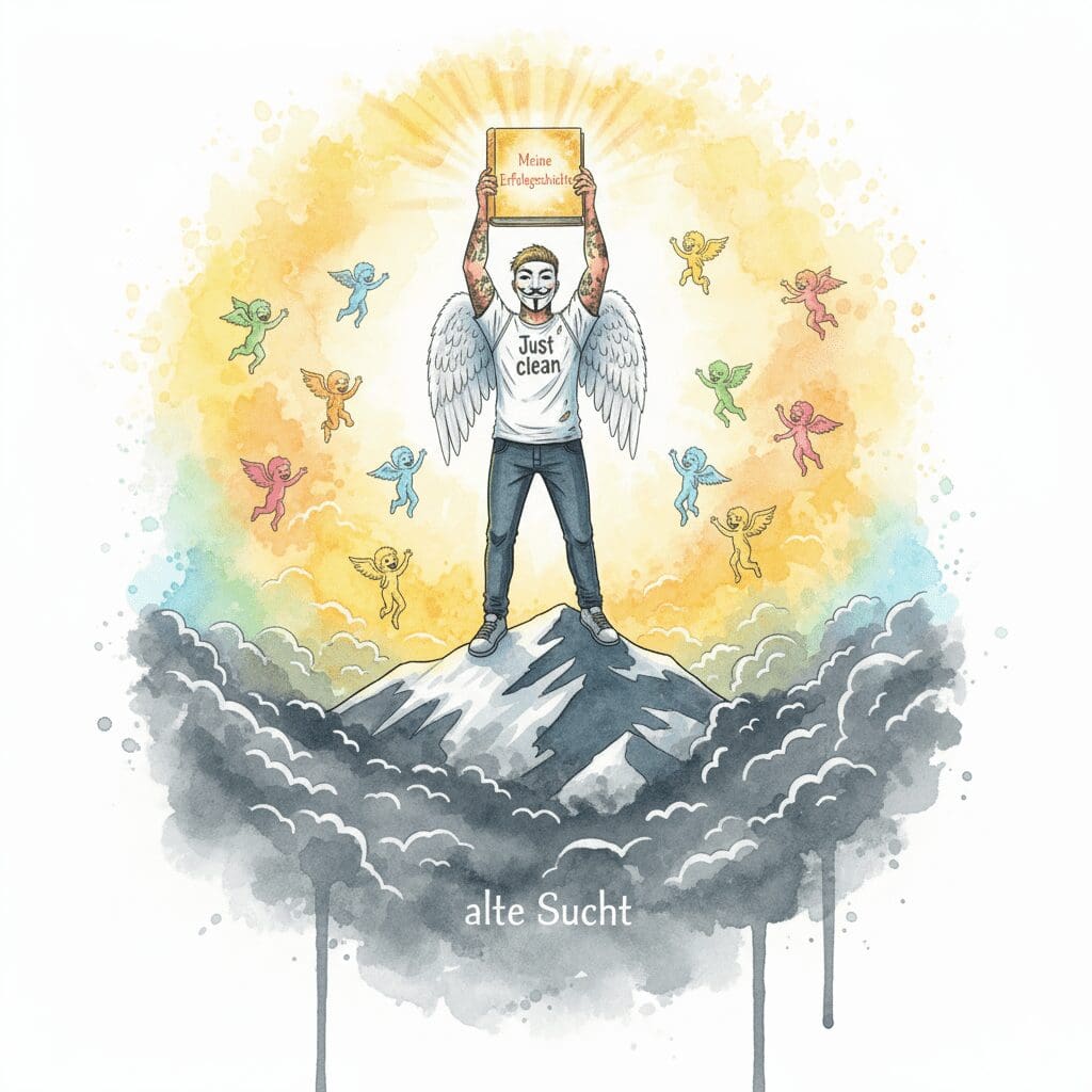 Die NeelixberliN-Figur (Watercolor) jubelt auf einem Berggipfel, nachdem sie durch Handeln und Disziplin ihre eigene Erfolgsgeschichte geschrieben hat.