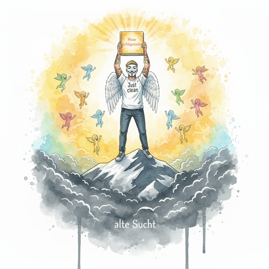 Die NeelixberliN-Figur (Watercolor) jubelt auf einem Berggipfel, nachdem sie durch Handeln und Disziplin ihre eigene Erfolgsgeschichte geschrieben hat.