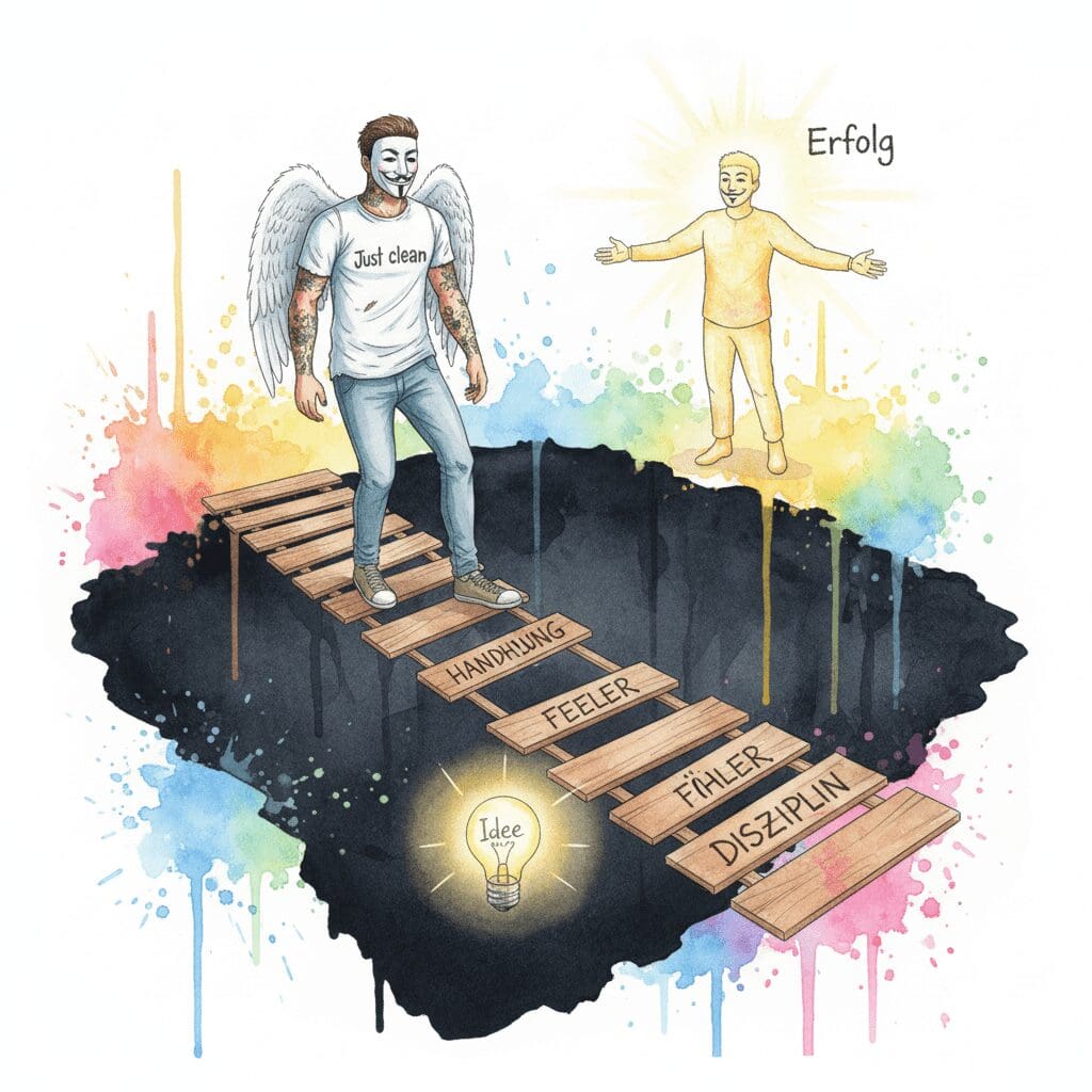 Eine Watercolor-Zeichnung: Eine Person überwindet die Kluft zwischen Idee und Erfolg durch Handlung und Disziplin, trotz der Angst vor Fehlern.