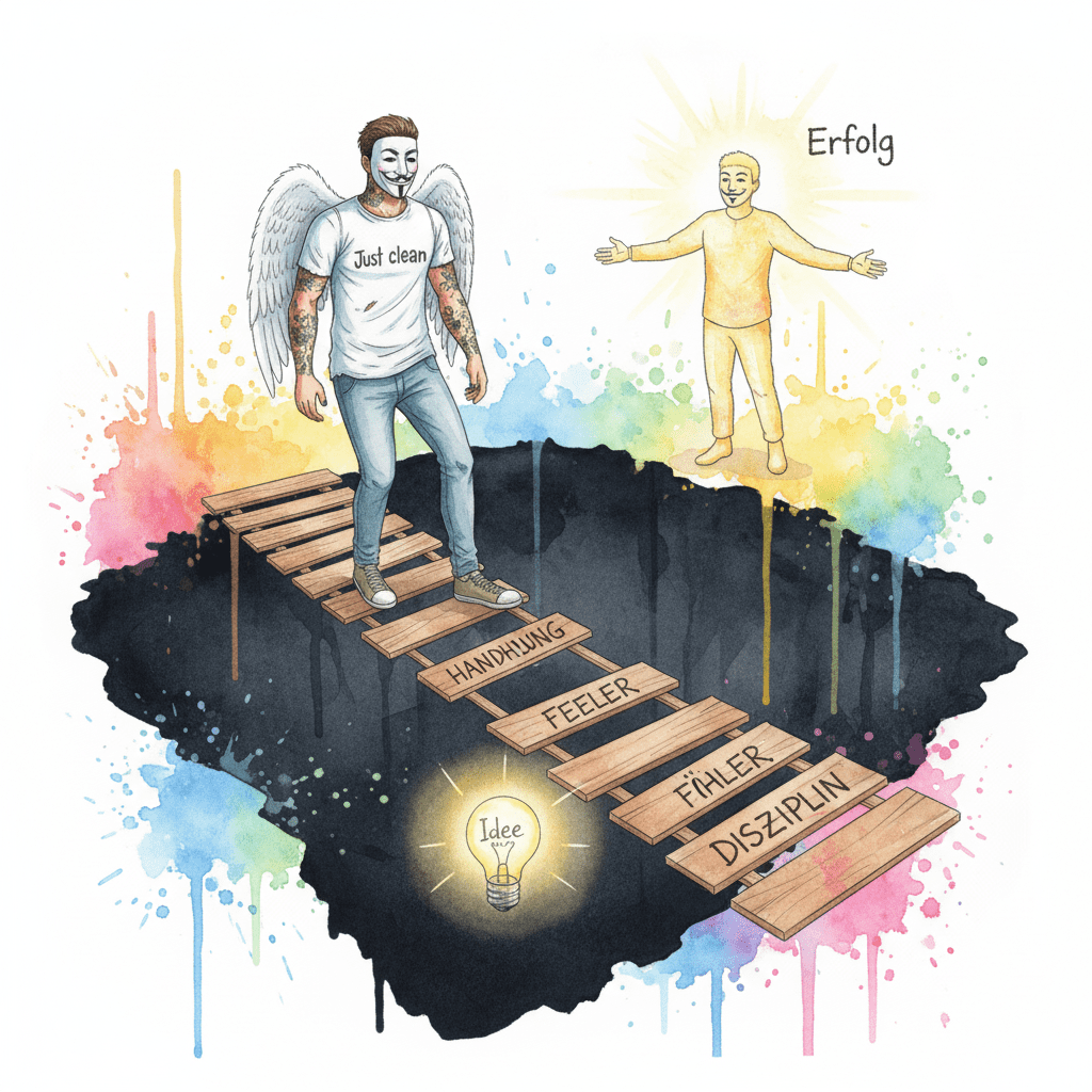 Eine Watercolor-Zeichnung: Eine Person überwindet die Kluft zwischen Idee und Erfolg durch Handlung und Disziplin, trotz der Angst vor Fehlern.