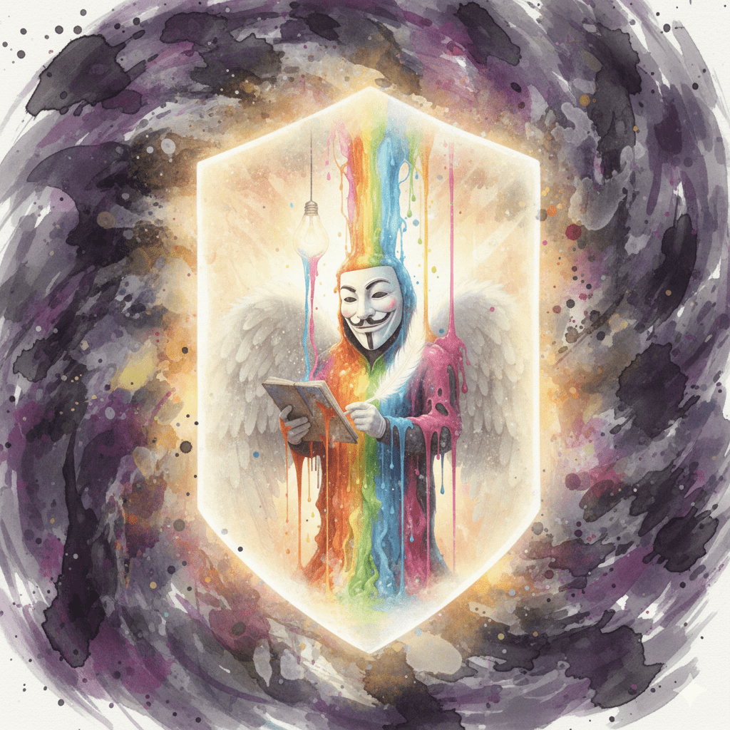 Die NeelixberliN-Figur (Watercolor) vertraut ihrer Intuition (Feder) und ist durch einen Lichtschild vor dem Lärm der Sucht (Orkan) geschützt.