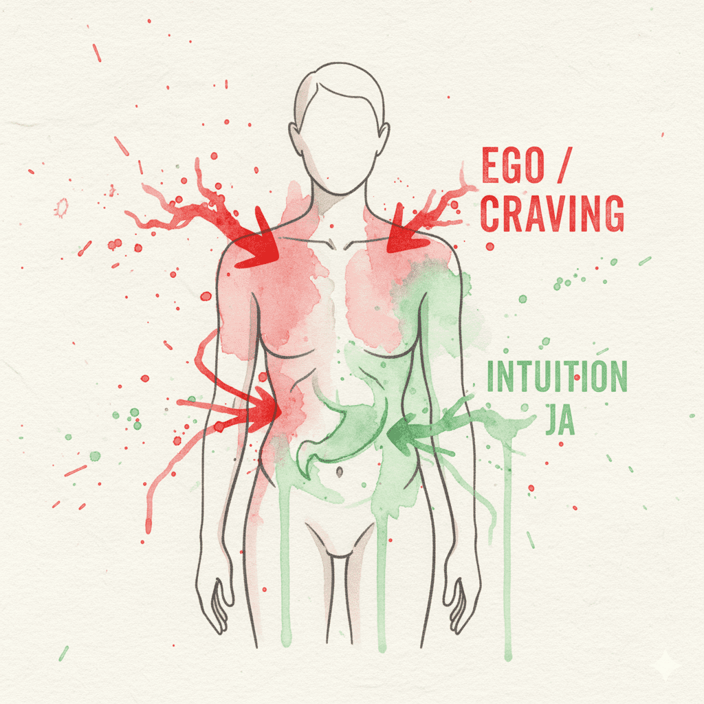 Eine Watercolor-Grafik, die zeigt, wie man Ego/Craving ("Enge") von Intuition ("Weite") anhand von Körpersignalen unterscheidet.