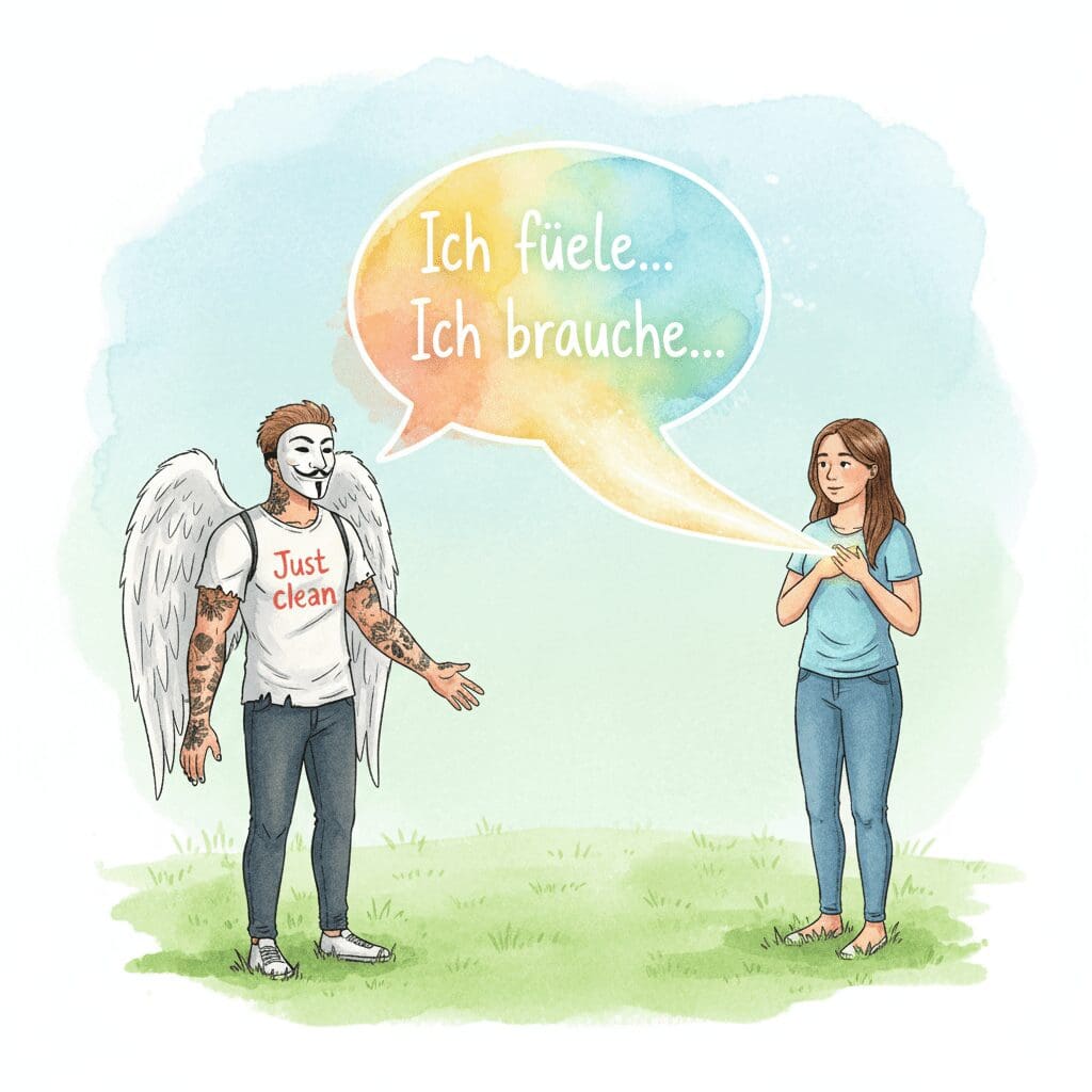 Eine Watercolor-Zeichnung: Die NeelixberliN-Figur nutzt eine "Ich"-Botschaft (CRA Kommunikationstraining), um eine positive Verbindung herzustellen.