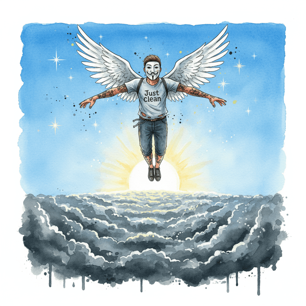 Die NeelixberliN-Figur (Watercolor) fliegt frei in eine positive Zukunft, nachdem sie ihr altes, negatives Umfeld losgelassen hat.