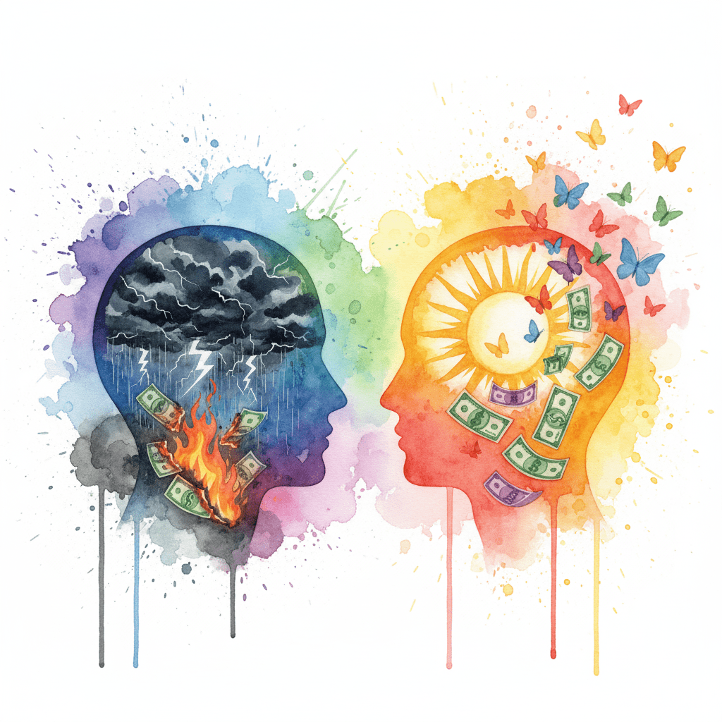 Ein Watercolor-Vergleich: Links das negative Mangel-Mindset (Geld verbrennt), rechts das positive Fülle-Mindset (Geld fließt).